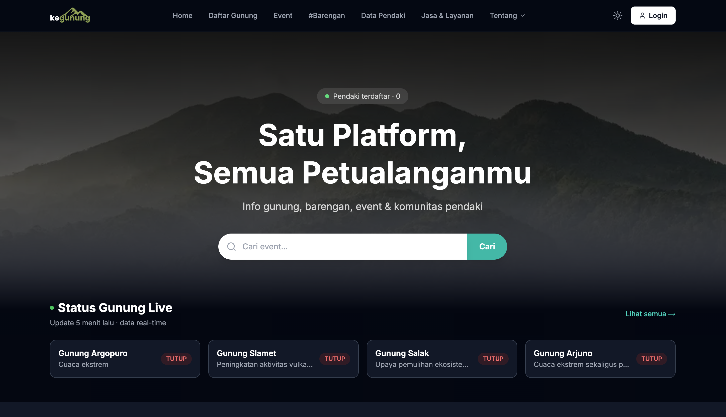 Tampilan produk kegunung.id dengan hero, pencarian, dan status gunung live